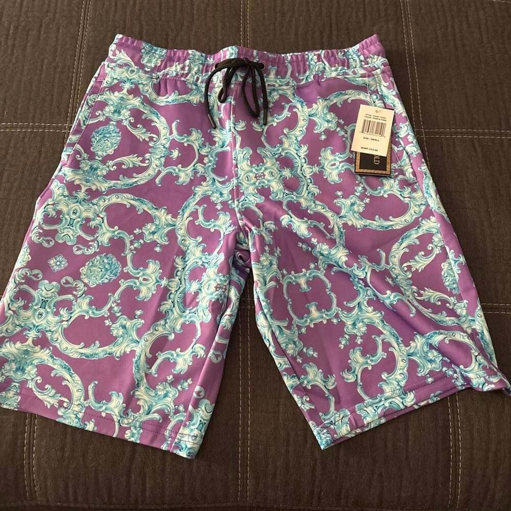 Black Gold Purple Baroque Print Swim Trunks